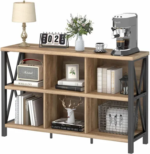 Miniatura 13 de FATORRI Organizador de almacenamiento de 6 cubos con estante, estantería horizontal corta para sala de estar, estantería de madera y metal, estante