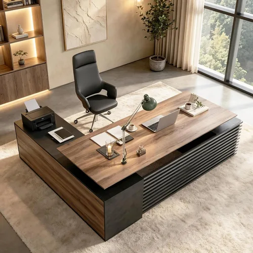 Miniatura 11 de SAINTCY Escritorio ejecutivo de pie en forma de L de 70.87 pulgadas con cajones, escritorio grande y moderno de altura ajustable para oficina