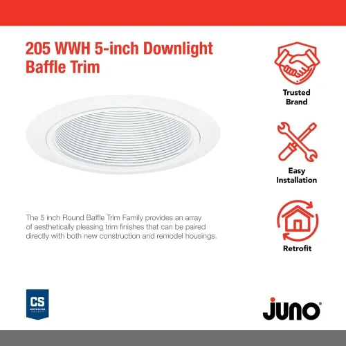 Miniatura 2 de Juno Lighting 205W-WH - Lámpara empotrable de 5 pulgadas, deflector de luz empotrada, color blanco con ribete blanco