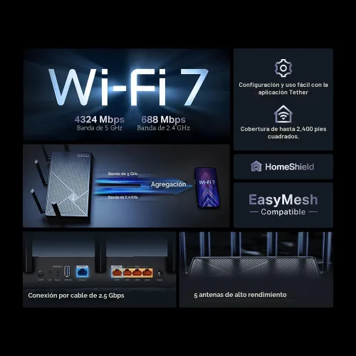 Miniatura 2 de TP-Link Dual-Band BE5000 WiFi 7 Router Archer BE260 5-Stream 5Gbps 1×2.5G WAN+1×2.5GLAN+3×1G Ports, USB 3.0 5 Antenas Externas Clientes