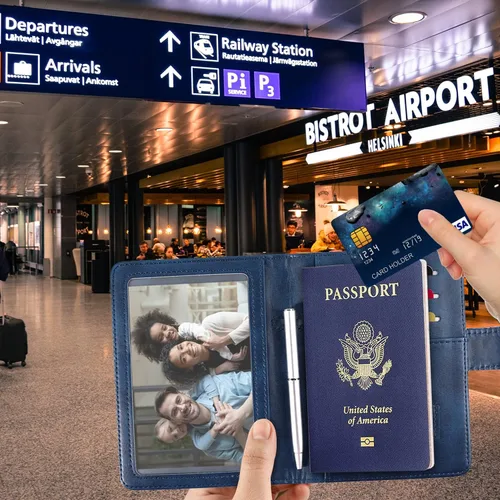 Miniatura 2 de RSAquar Combo de portatarjetas de pasaporte y vacunación, funda para pasaporte, funda de cuero para tarjetas, accesorios de viaje con bloqueo RFID