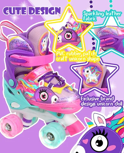 Miniatura 3 de Dino - Patines de ruedas para niños y niñas, WESKIFAN Dinosaur Quad Skating Shoes con ruedas brillantes y tamaños ajustables para principiantes