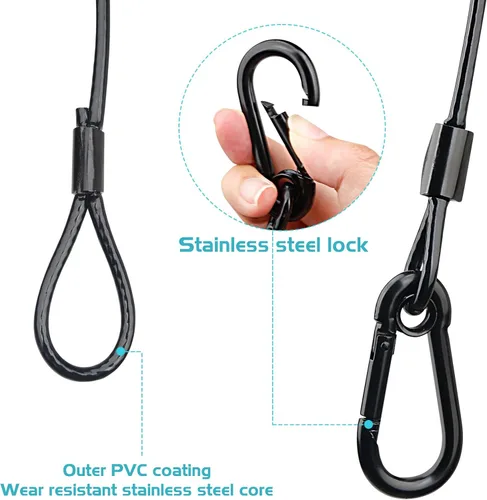 Miniatura 3 de Paquete de 4 cables de seguridad colgantes de cadena negra con abrazaderas de gancho para luces, cordón de acero inoxidable, cadenas de seguridad