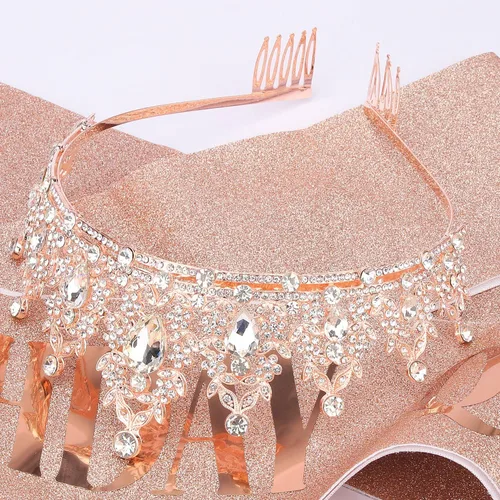 Miniatura 5 de Didder Kit de corona de diamantes de imitación y banda con purpurina, tiara y banda de cumpleaños de oro rosa para mujeres y niñas, accesorios