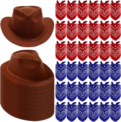 Miniatura 10 de Hillban 72 piezas de sombrero de vaquero occidental y set de bandana de paisley para niños, sombreros de fiesta de vaquero de fieltro para marrón