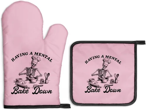 Miniatura 24 de Always Use Protection - Juego de guantes de horno y soportes para ollas, divertidos guantes de cocina retro para panaderos, regalos de inauguración