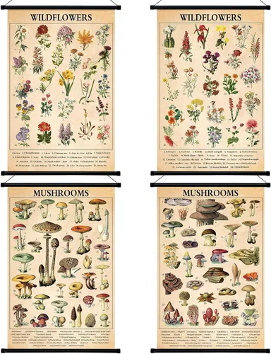 Miniatura 9 de Lewtemi Póster vintage de 4 piezas de arte de pared botánico de la naturaleza, flores silvestres, hojas, hierbas medicinales, árboles, póster
