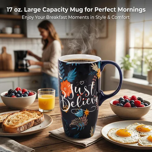 Miniatura 2 de Topadorn Taza de cerámica con tapa y asa, 17 oz. Taza de café alta para el hogar, perfecta para café y té, Just Believe Solo creer