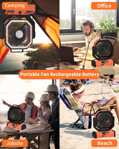 Miniatura 7 de ADUST Ventilador de campamento de 12 pulgadas, funciona con pilas, con linterna LED, ventilador oscilante portátil recargable de 44000 mAh