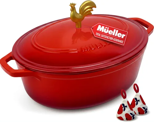 Miniatura 29 de MÜELLERHOME Horno holandés de hierro fundido esmaltado, 6 cuartos de galón, resistente, cazuela con tapa y perilla de acero inoxidable, para todas