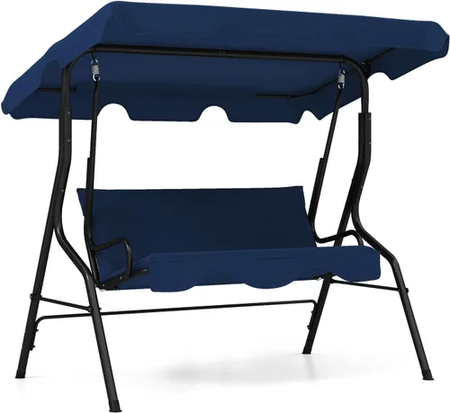 Miniatura 12 de RELAX4LIFE Silla columpio para porche para 3 personas, columpio para exteriores con toldo ajustable, cojín extraíble y soporte de marco de metal