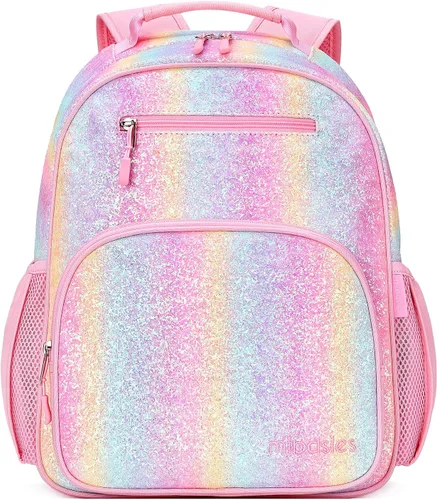 mibasies Mochila para niñas y niños, ideal para niños y niñas, mochila para preescolar jardín de infantes y primaria, Glitter Rainbow, Niños-15"H