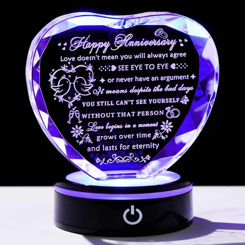 Miniatura 11 de YWHL Regalos de corazón de cristal para parejas con base LED, grabado con láser, regalo de recuerdo de feliz décimo aniversario para esposa, marido
