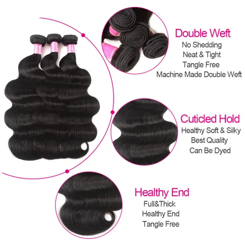 Miniatura 3 de Paquetes de Ondas Corporales con Cierre para Mujeres Negras (10 12 14+10) 100% Cabello Humano Brasileño de Ondas Corporales Sin Procesar 3 Paquetes