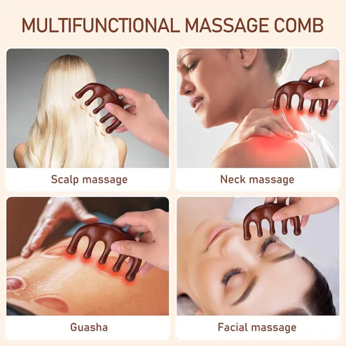 Miniatura 2 de Amaxiu Peine de masaje de cabeza de sándalo, estimulador de cuero cabelludo de dientes anchos, peine Gua Sha para hombres y mujeres (estilo A)
