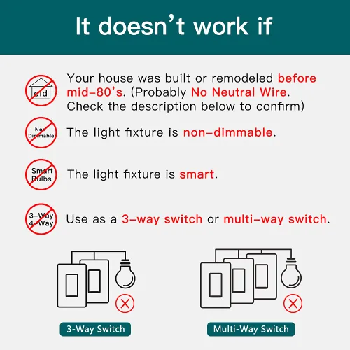 Miniatura 2 de TREATLIFE Paquete de 4 interruptores de atenuación inteligente, interruptor de luz inteligente Wi-Fi de un solo polo de 2.4 GHz, funciona con Alexa
