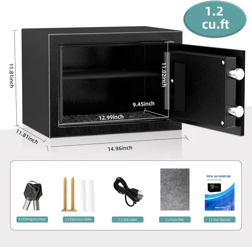 Miniatura 2 de Caja fuerte, caja fuerte de 1.2 pies cúbicos, caja de seguridad digital antirrobo con teclado electrónico y llave, cajas fuertes a prueba de fuego