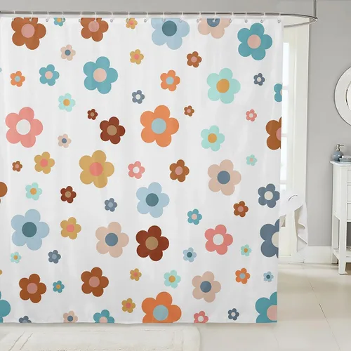 Miniatura 18 de Cortina de baño de flores de margarita para niños y niñas, cortina de ducha floral para decoración de baño, 72 x 72 pulgadas, retro, floral