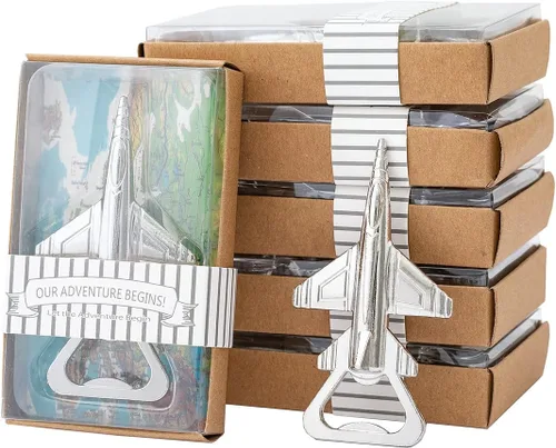 Miniatura 7 de Paquete de 50 abridores de botellas de avión para piloto/veteranos, viajes de aventura, baby shower, boda, fiesta de cumpleaños, regalos, Dorado