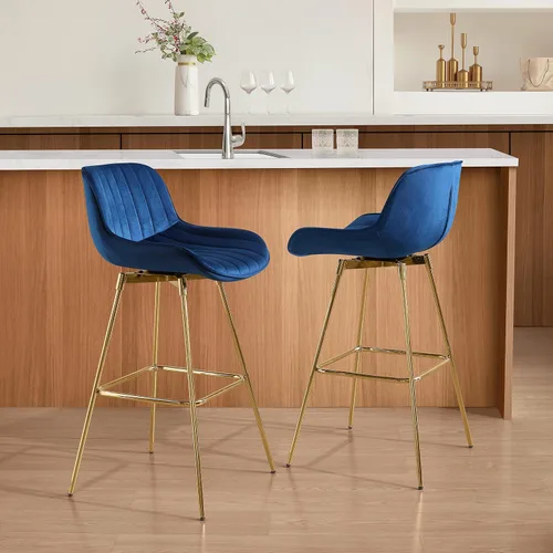 Miniatura 6 de Fat Ant Juego de 2 taburetes de bar giratorios de terciopelo para mostrador, sillas de bar de 29 pulgadas de alto con respaldo y patas doradas
