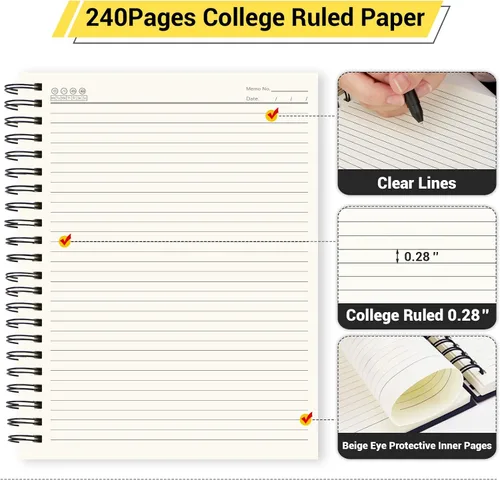 Miniatura 4 de EUSOAR Cuadernos para el trabajo, 1 paquete A4 de 8.3 x 11.2 pulgadas, tapa dura, rayado en espiral con renglones universitarios, 240 páginas
