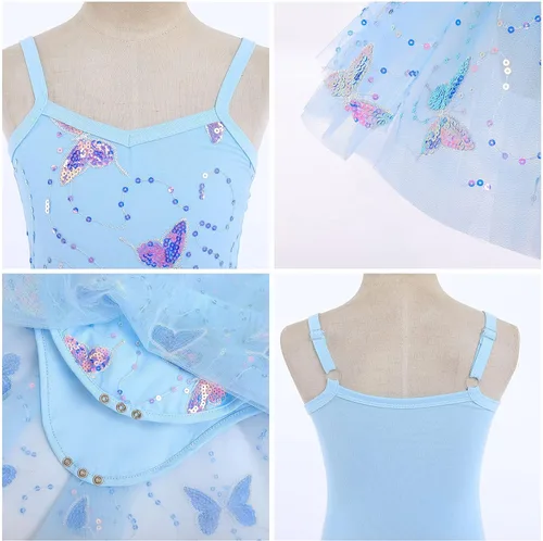 Miniatura 5 de ODASDO Leotardo de ballet con falda tutú para niñas, camisola de gimnasia, traje de entrenamiento de mariposa brillante