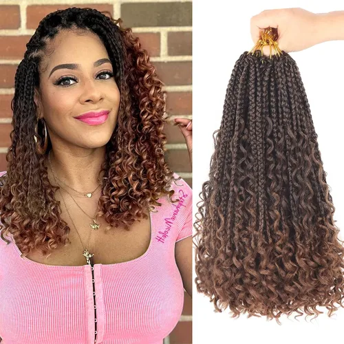 Miniatura 17 de Goddess Box Braids - Trenzas de cabello a ganchillo con extremos rizados, trenzas de caja bohemianas de 16 pulgadas, trenzas de ganchillo, 8 1B-4-30