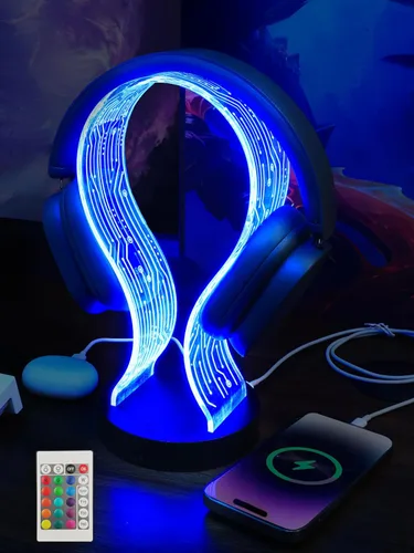 YuanDian Soporte para auriculares RGB con 1 puerto de carga USB y 1 puerto de carga tipo C, soporte para auriculares de escritorio para juegos con