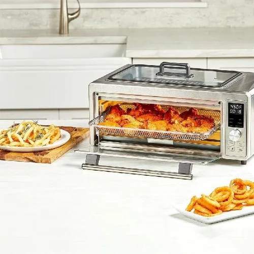 Miniatura 4 de Emeril Power Grill 360, horno tostador de convección 6 en 1 con parrilla superior interior, freír al aire, asar, tostar, hornear, deshidratar, tapa