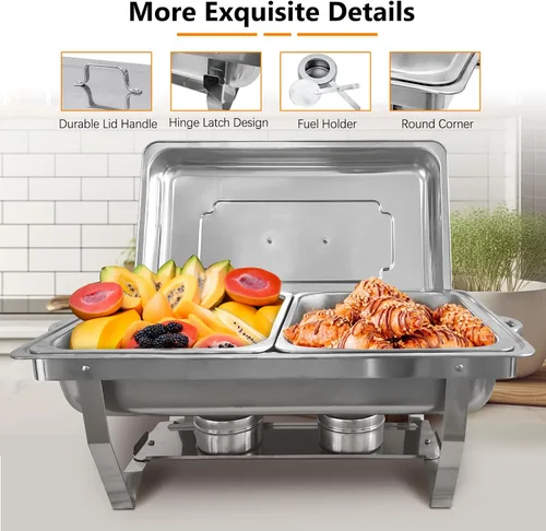 Miniatura 5 de Juego de 2 platos de bufé de roce de acero inoxidable de tamaño medio de 8 cuartos de galón para catering, juegos mejorados de chafers