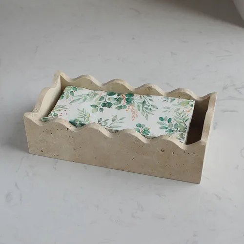 Miniatura 2 de Portatollas para invitados de travertino natural de 9.8" × 4.9" para baño, portaservilletas rectangular con borde festoneado, bandeja para toallas