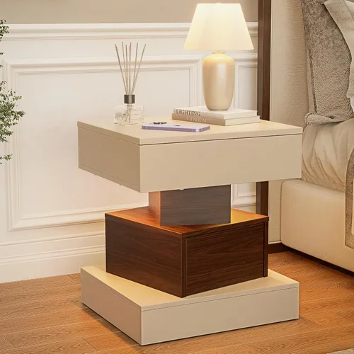 Mesita de noche beige con luces LED, mesita de noche geométrica con 2 cajones, mesa auxiliar de madera maciza, mesa auxiliar pequeña para