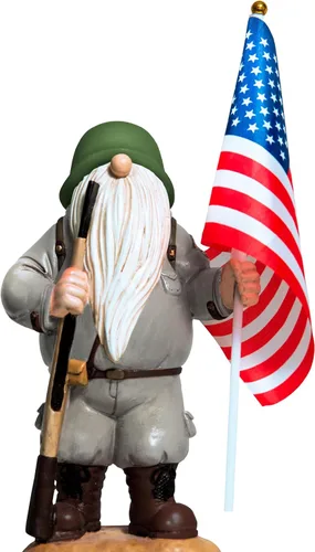 Gnomo de jardín solar patriótico con bandera estadounidense, gnomos de jardín armados de resina de 11 pulgadas, estatua para exteriores, decoración