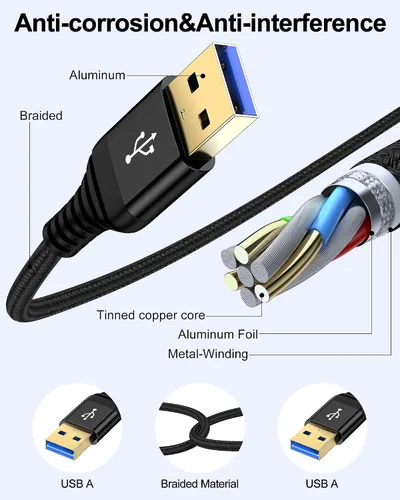 Miniatura 2 de Cable USB a USB de 10 pies, macho a macho, cable USB A a USB-A para discos duros WD, PC, Mac, laptop, PS4, Xbox, USB 3.0 tipo A, impresora, cable
