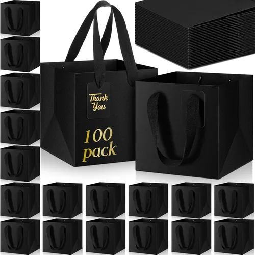 Miniatura 16 de Windyun 25 mini bolsas de regalo de papel con asa de 6 x 6 x 6 pulgadas, pequeñas bolsas cuadradas con etiqueta de agradecimiento para Navidad