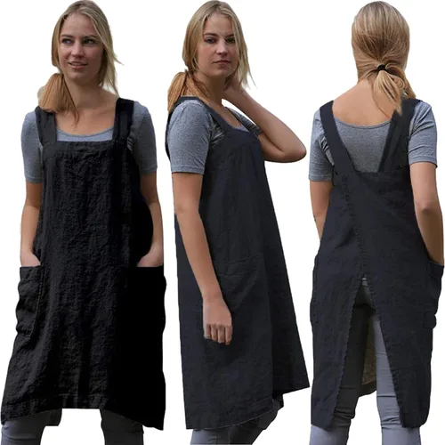 Miniatura 7 de ZQFFB Pinafore - Delantal con espalda cruzada para mujer, con bolsillos, bata japonesa para el trabajo, jardinería, cocina, pintura, hornear