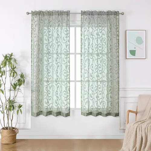 Miniatura 47 de OWENIE Furman - Juego de 2 paneles de cortinas traslúcidas negras de 24 pulgadas de largo, cortinas semitransparentes de jacquard ligeras y aireadas