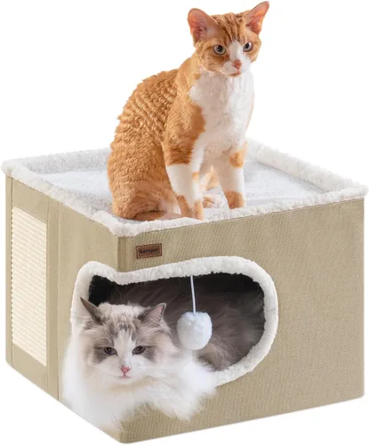 Miniatura 10 de Garnpet Cama para Gatos de Interior Casa Cubo, Camas de Cueva para Gatos Cubierta y Muebles con Almohadilla Rascadora y Tienda Refugio, Lindo Gris