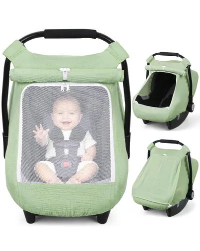 Miniatura 8 de Rquite Funda de asiento de automóvil para bebé, fundas de asiento de automóvil para niña y niño, algodón muselina transpirable, ventana de malla Rosa