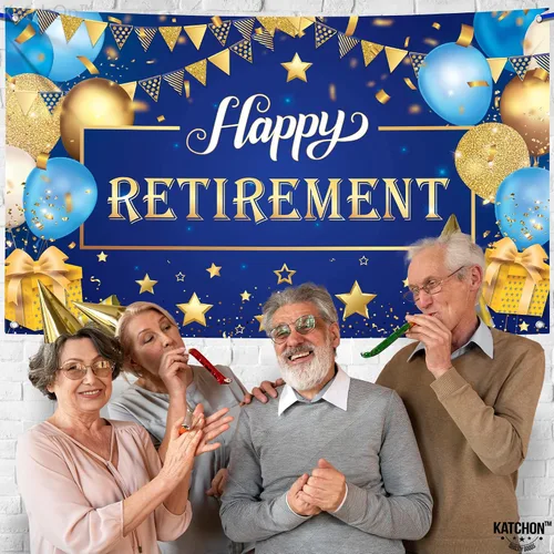 Miniatura 2 de KatchOn Cartel de feliz jubilación extra grande de 72 x 44 pulgadas, decoraciones azules y doradas, telón de fondo para fiesta, decoraciones