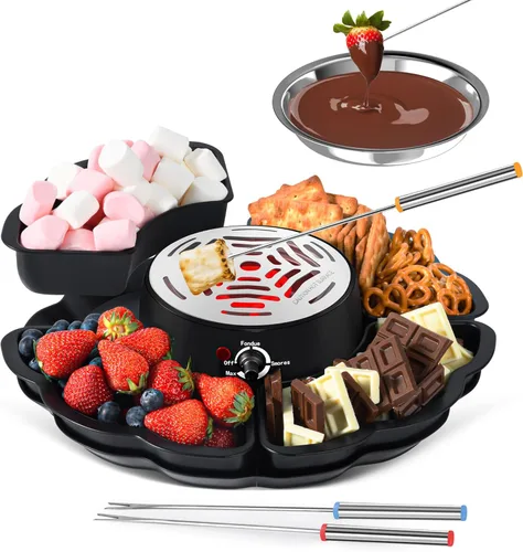 Máquina eléctrica S'mores 2 en 1 y olla para fondue, kit de mesa para interiores con 4 tenedores para asar, 4 bandejas desmontables y 1 calentador