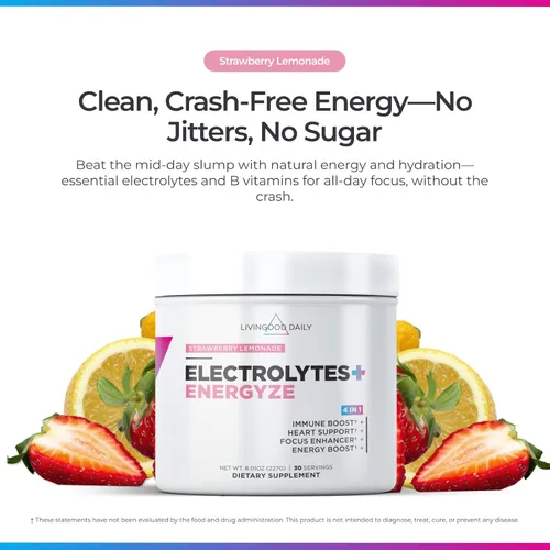 Miniatura 2 de Livingood Daily Electrolitos en polvo limonada de fresa, 30 porciones, polvo de hidratación 4 en 1 con vitamina C, taurina, D ribosa y FOS, mezcla