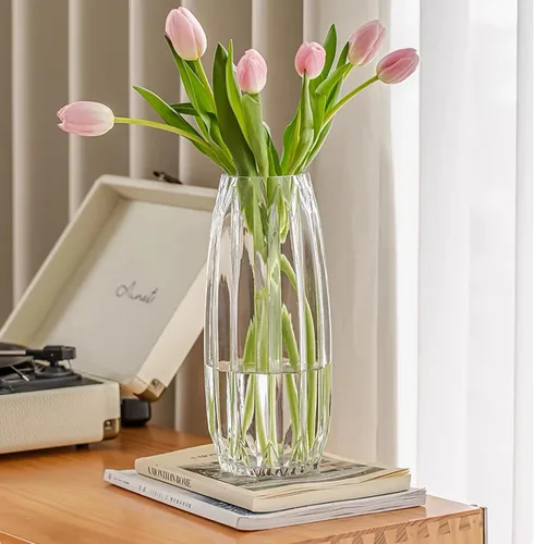 Jarrón grande de 11 pulgadas, florero de vidrio acanalado transparente grueso para estantería, mesa de comedor, escritorio de oficina interior, sala