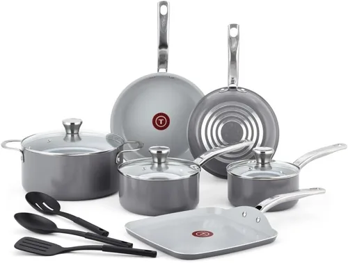 T-Fal Fresh Gourmet Juego de utensilios de cocina de cerámica reciclada antiadherente, 12 piezas, apto para horno y asador hasta 500°F, tapa segura