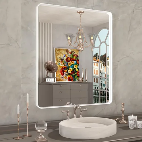 Miniatura 9 de Espejo de baño LED de 60x36 pulgadas con marco negro, espejos de baño retroiluminados y con luz frontal para pared, antiempañamiento, regulable