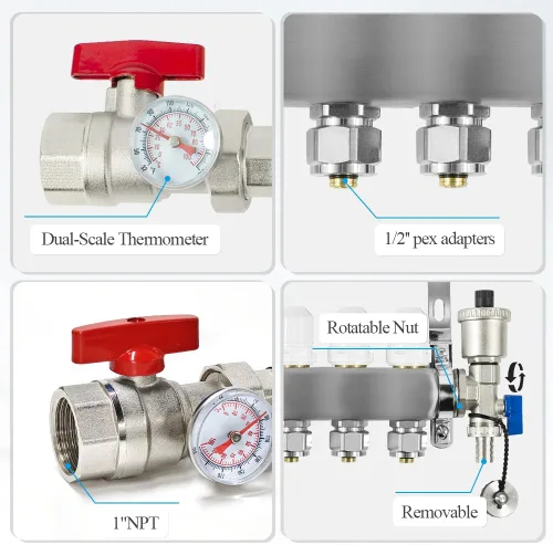 Miniatura 2 de AB Colector PEX de 2 bucles/radiante, salidas compatibles de 1/2 pulgada, válvula de flujo de hasta 1.4 GPM para calefacción radiante hidrónica