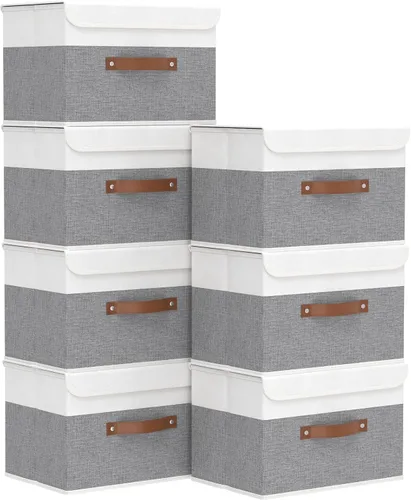 Miniatura 43 de Yawinhe SNK024BEN-1 Cajas de almacenamiento plegables, cestas apilables de tela de lino, contenedor con tapa y asa de cuero, lavable, para el hogar