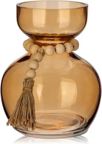 Hollyone Jarrones de vidrio ámbar para flores, jarrones cortos modernos y vintage con cuentas de madera, pequeño jarrón de vidrio para centros de