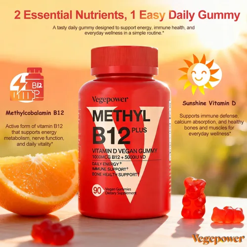 Miniatura 2 de Gomitas veganas de vitamina D3 y B12, suplemento de metilo B12 para adultos y niños, mejorado con vitamina D 3 para energía natural, inmune