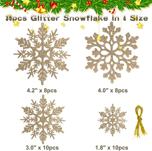 Miniatura 3 de Paquete de 36 adornos de plástico en champán dorado de copos de nieve, decoraciones colgantes de copo de nieve para el árbol de Navidad de invierno